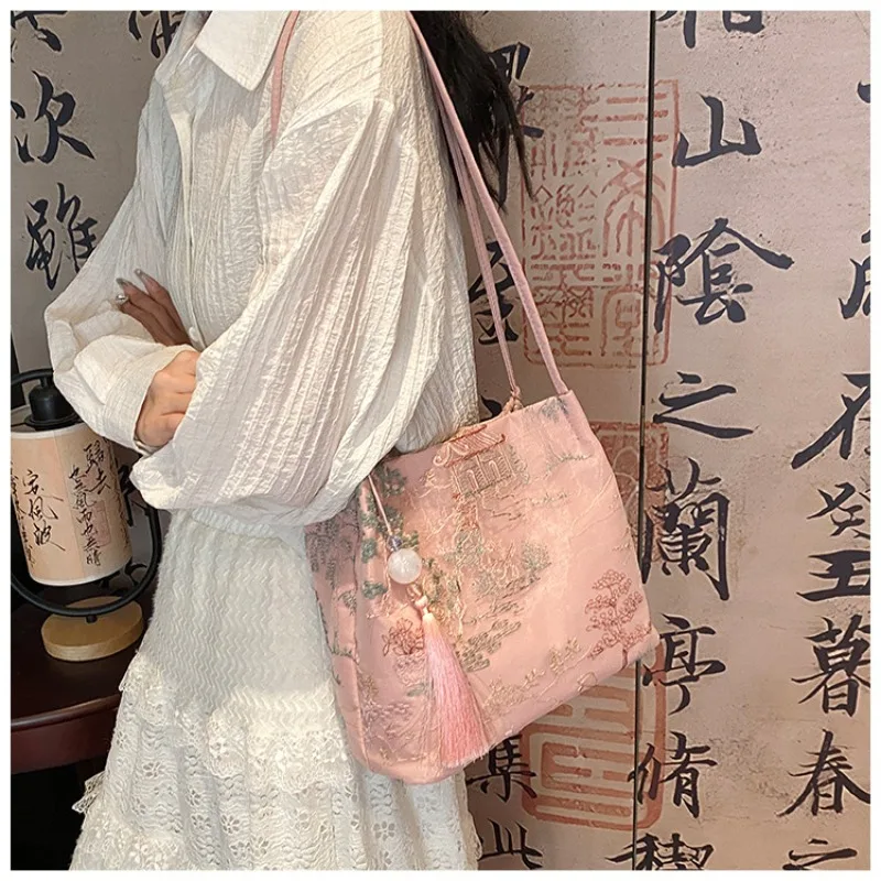 New Chinese-style Crossbody Bag, Women's 2025 New Casual and Fashionable Single-shoulder Bag, Cloth Bag, Popular Bucket Bag image 3