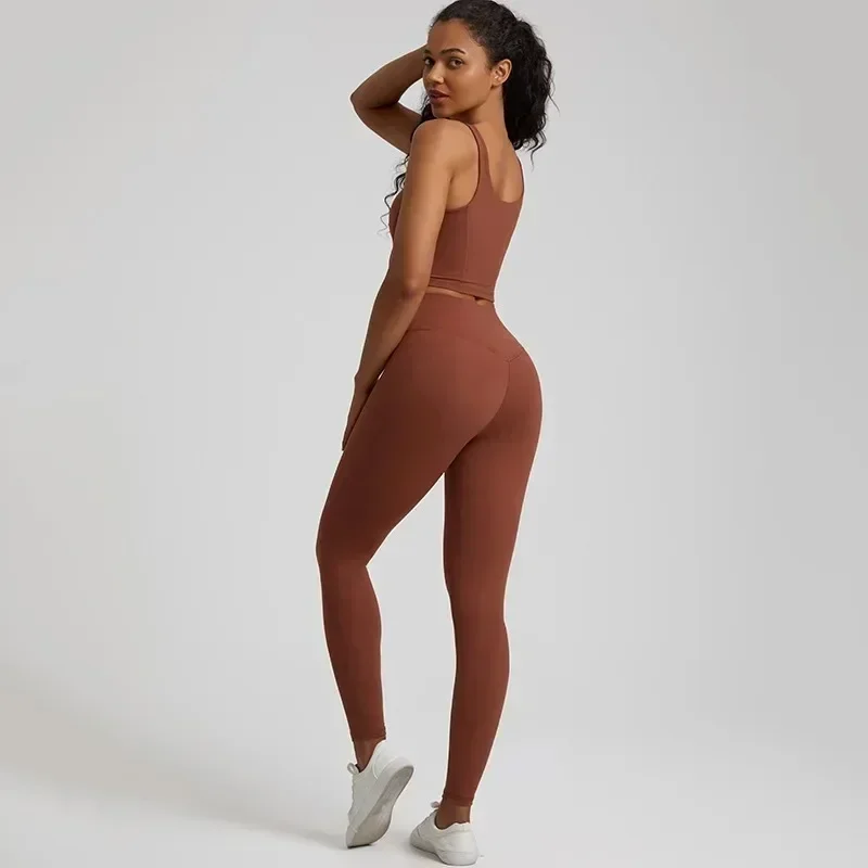 Ginásio Lemon-Leggings apertados e sutiã para mulheres, conjunto de ioga, sutiã fitness, treinamento abrangente, roupa de jogging, gola redonda, esportes, mulheres, 2 peças