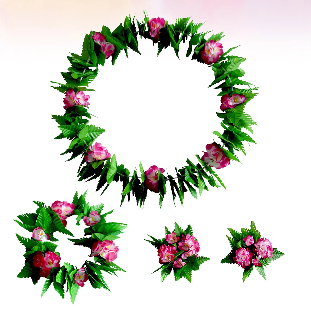 5pcs Hawaii Flower Green Leaf Skirt Performance Skirt Party Costume Creative Garland Wristband Leaf Hair (Rosy, Adults Style,