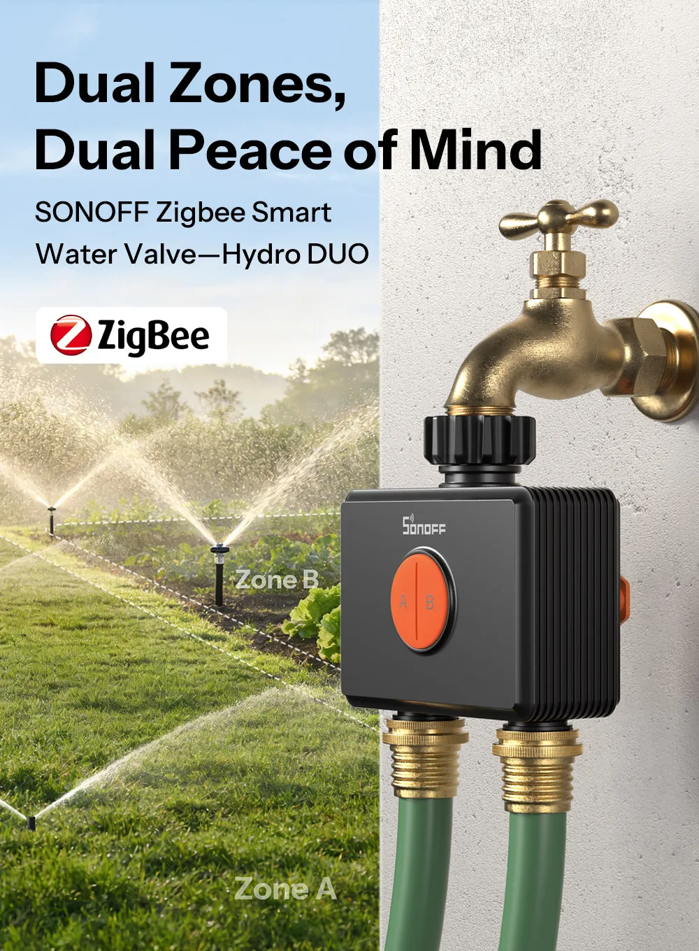 SONOFF Hydro DUO Zweikanaliges Zigbee Smart-Wasserventil mit Durchflussmesser, Messinganschluss, saisonaler Wassereinsparung, App-Leck- und Frostwarnung – Detail 1