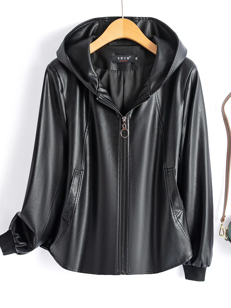 Spring and Autumn New Korean Style Leather Jacket Women's PU Leather Wide Edition Hooded Leather Jacket Casual Zipper Coat