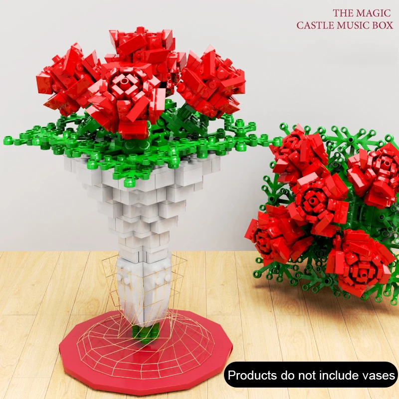 474PCS Creative Romantic Red Rose Bouquet Immortal Flower Building Blocks Plant Decoration Assemble Bricks Toys Adults Girl Gift