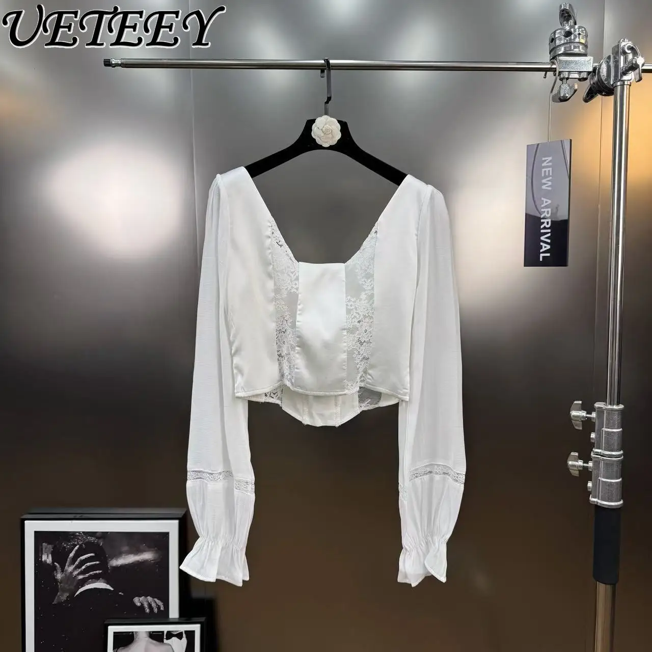 Herfst Franse stijl volwassen elegante korte kanten patchwork stropdas tops veelzijdig wit slim fit shirt met lange mouwen voor dames