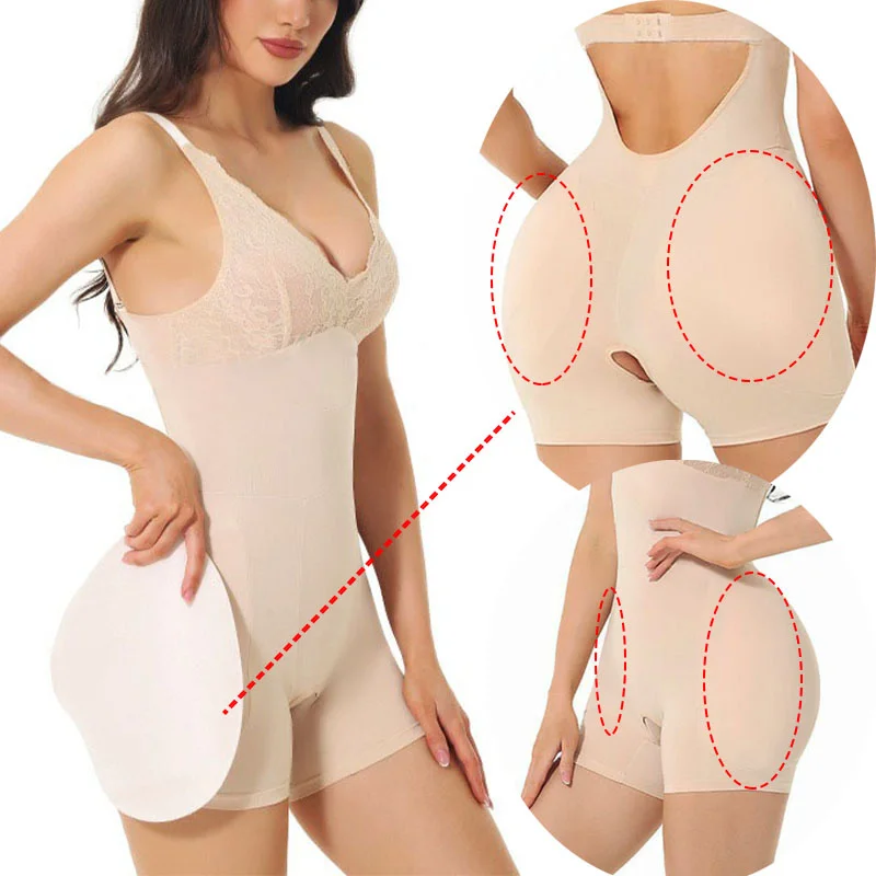 Dimmkof Spaghetti Straps Adjustable Straps Hip Enhancer Shaper Bodysuit Padded Bodysuit Removable Shapewear Full Sexy Back