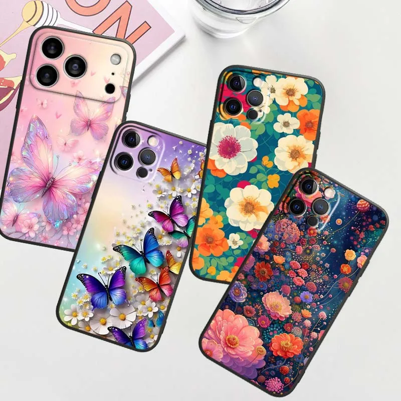 

Butterfly Flower Anime Cover For Apple iPhone 17 16 16E 15 14 13 12 11 Pro Max Plus Black Soft Silicone