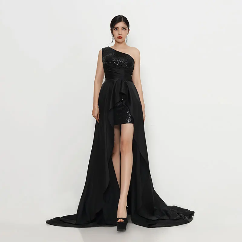 

Bai Sha Black Evening Dress Runway Show Sequin Oblique Shoulder Short Skirt Front Split Trailing Luxury Sleeveless Clothing H818
