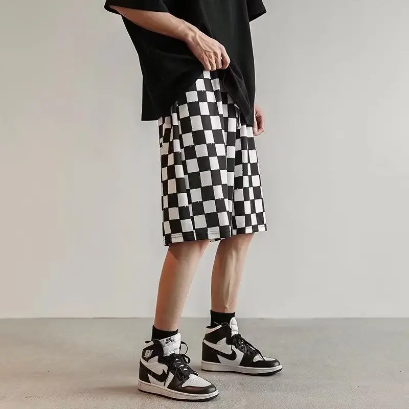 Checkerboard Casual Men Summer Thin American Retro Sports Straight Five-point Pants