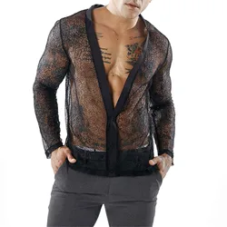 Men Shirts Transparent Mesh Blouse Party Black Long Sleeve Tank Tops Club Kimino Cardigan Sexy Camis Aesthetic  Male Blusas