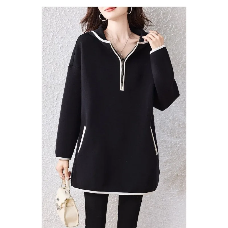 

Повседневная женская толстовка с длинными рукавами контрастного цвета средней длины, модный и универсальный топ с капюшоном
