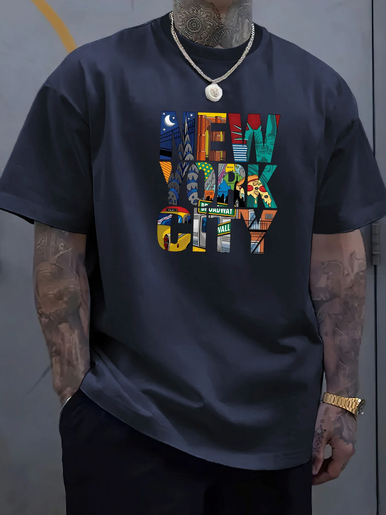 Summer men's 100% cotton comfortable casual loose plus size NEW YORK CITY printed sports round neck short sleeved T-shirt top image 3