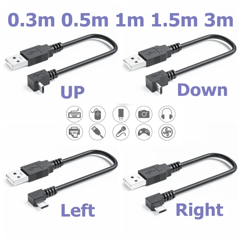 Câble de connexion Micro USB mâle vers USB mâle, coudé à gauche et à droite, 90 degrés, 0.5m/1m, pour recharge de données, pour tablette et