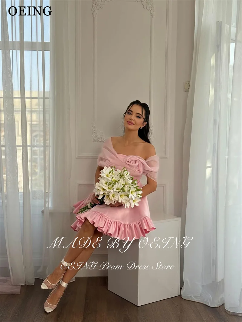 BOEING Prinzessin A-Linie Prom Kleider Rosa Off Schulter 3D Blumen Satin Geraffte Rüschen Geburtstag Party Kleider vestidos Angepasst