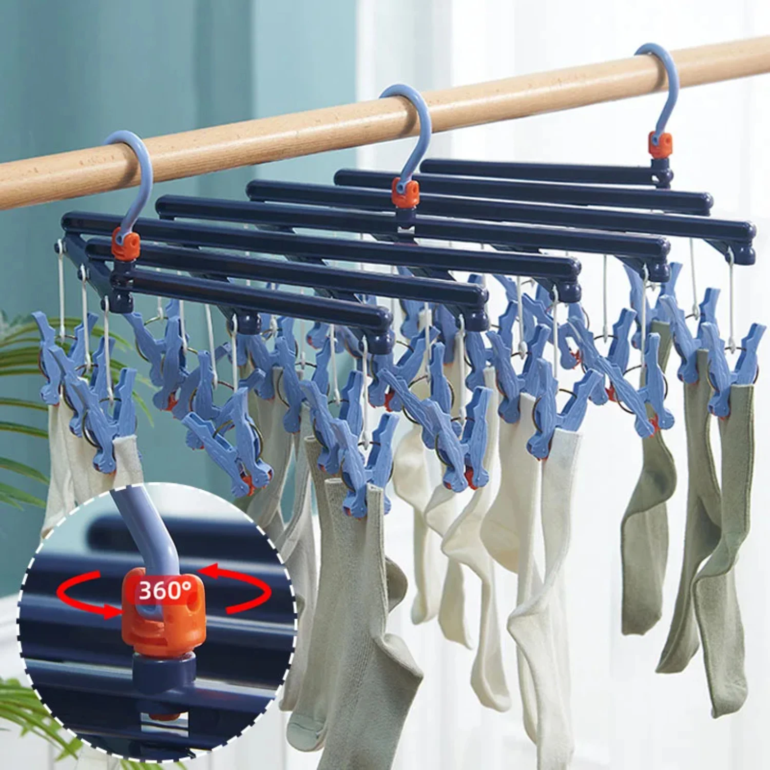 พับแขวนเสื้อผ้าตู้เสื้อผ้าOrganizerในครัวเรือนWindproof Multifunctional Clothespin 29 คลิปRetractable Drying Rack