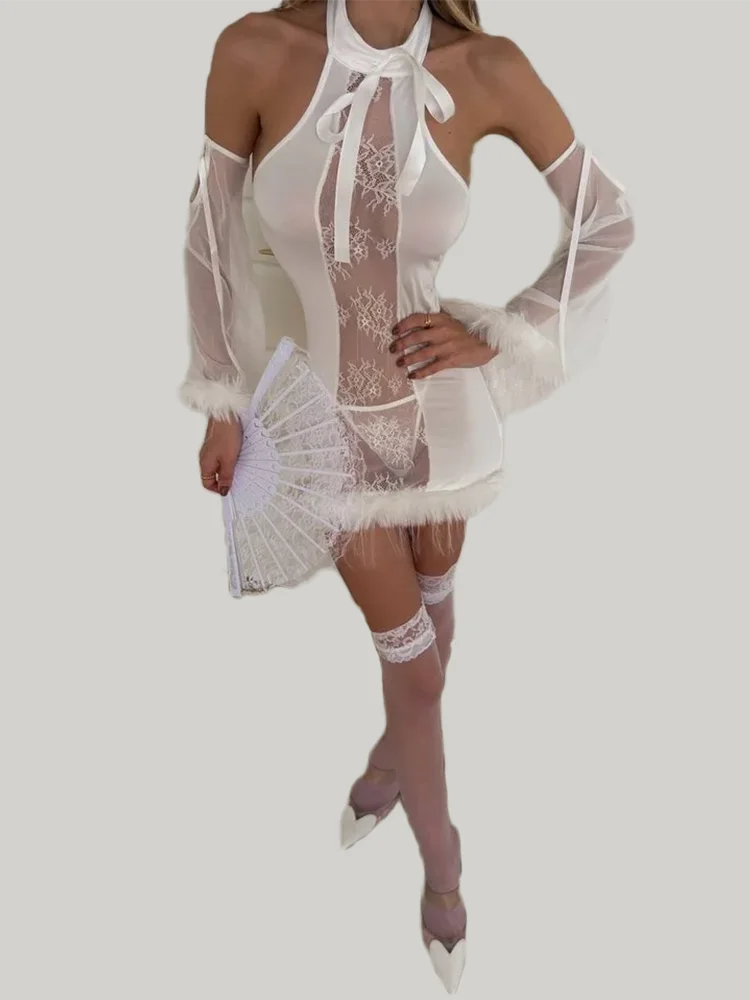 Women White Sheer Lace Mini Dress Halter Neck Feather Trim with Matching Sleeves Mask and Stockings for Role Play Nightwear