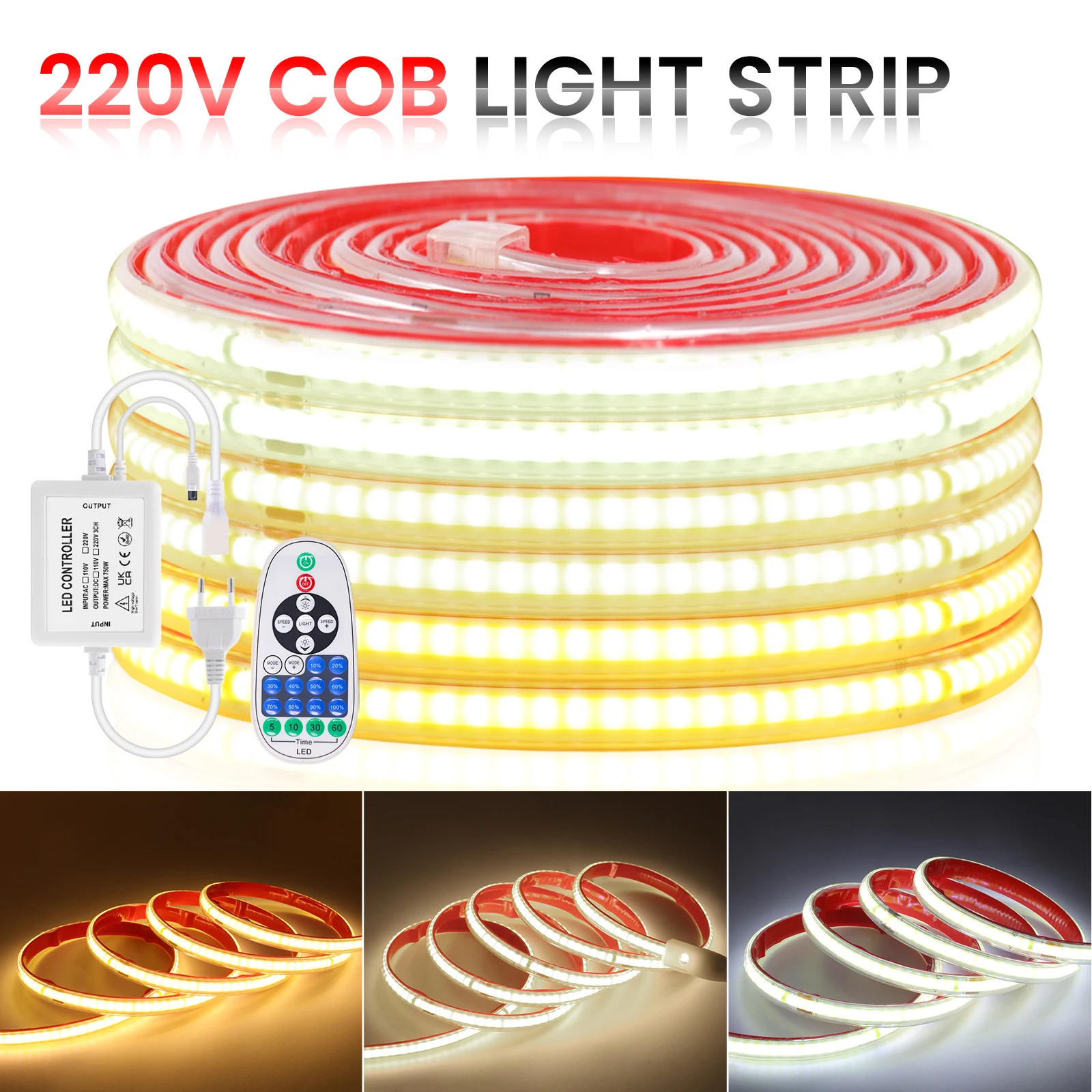 Dimmable 23Key IR COB LED Neon Strip Light 220V With EU UK AU Plug IP65 Waterproof Warm Natural White Flex Tape 240LEDs 0.5m 25m