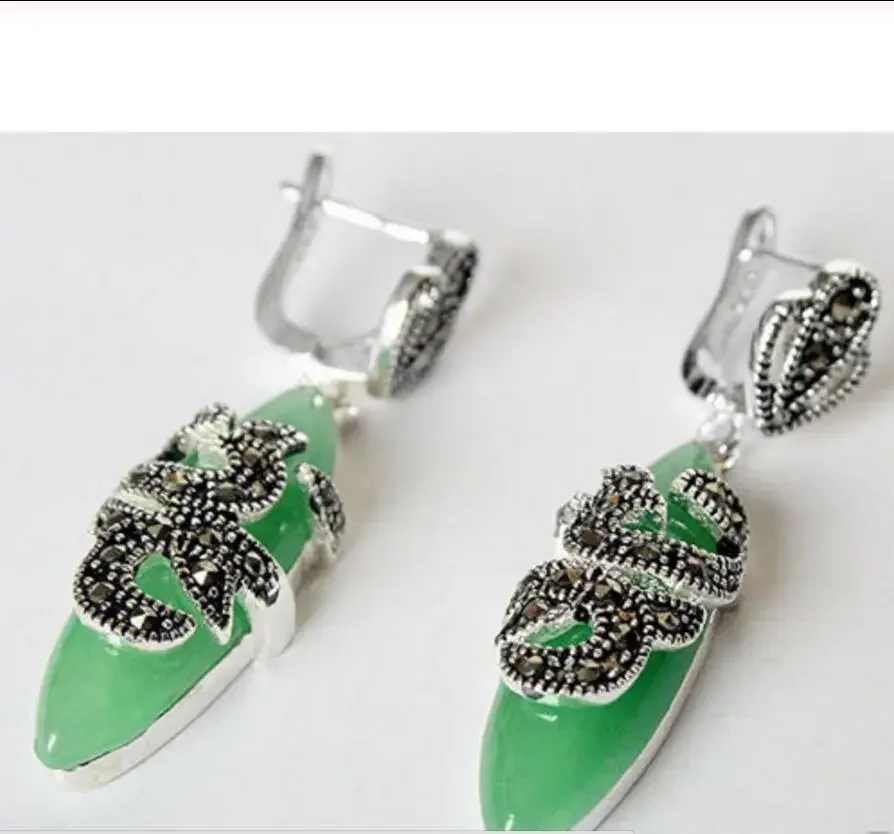

VINTAGE 925 STERLING SILVER NATURAL Green Quartzite stone MARCASITE EARRINGS
