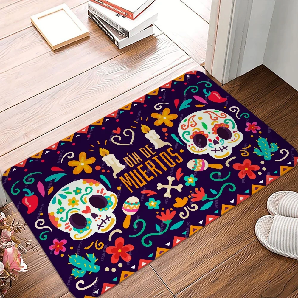 Day of The Dead Skull Floral Mexican Holiday Party Bathroom Door Non-slip Carpet Suitable for Floor Door Mats Home Decoration