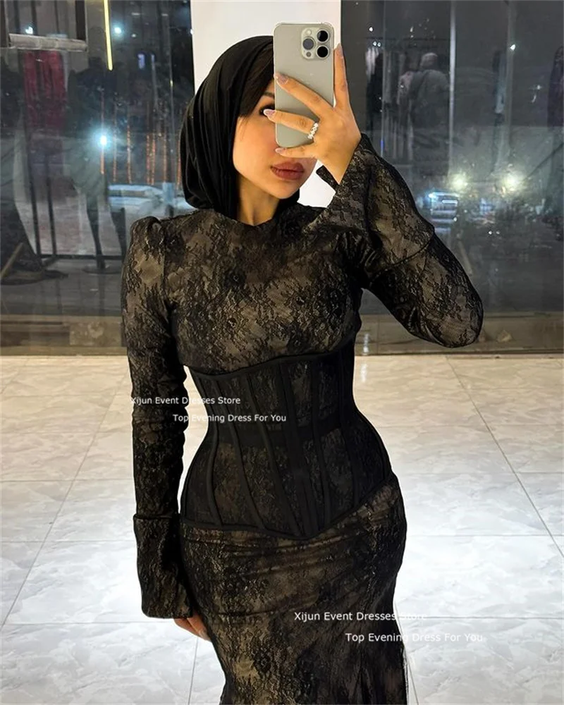 Xijun Modest Sexy Black Mermaid Evening Dresses Lace Muslim Formal Prom Dresses Long Sleeves Without Corset Prom Dress Customize