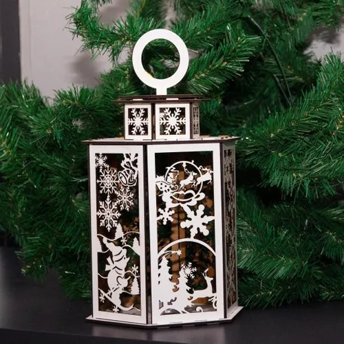 Meşgalem Christmas Design Special Candle Holder Hexagonal White Wood