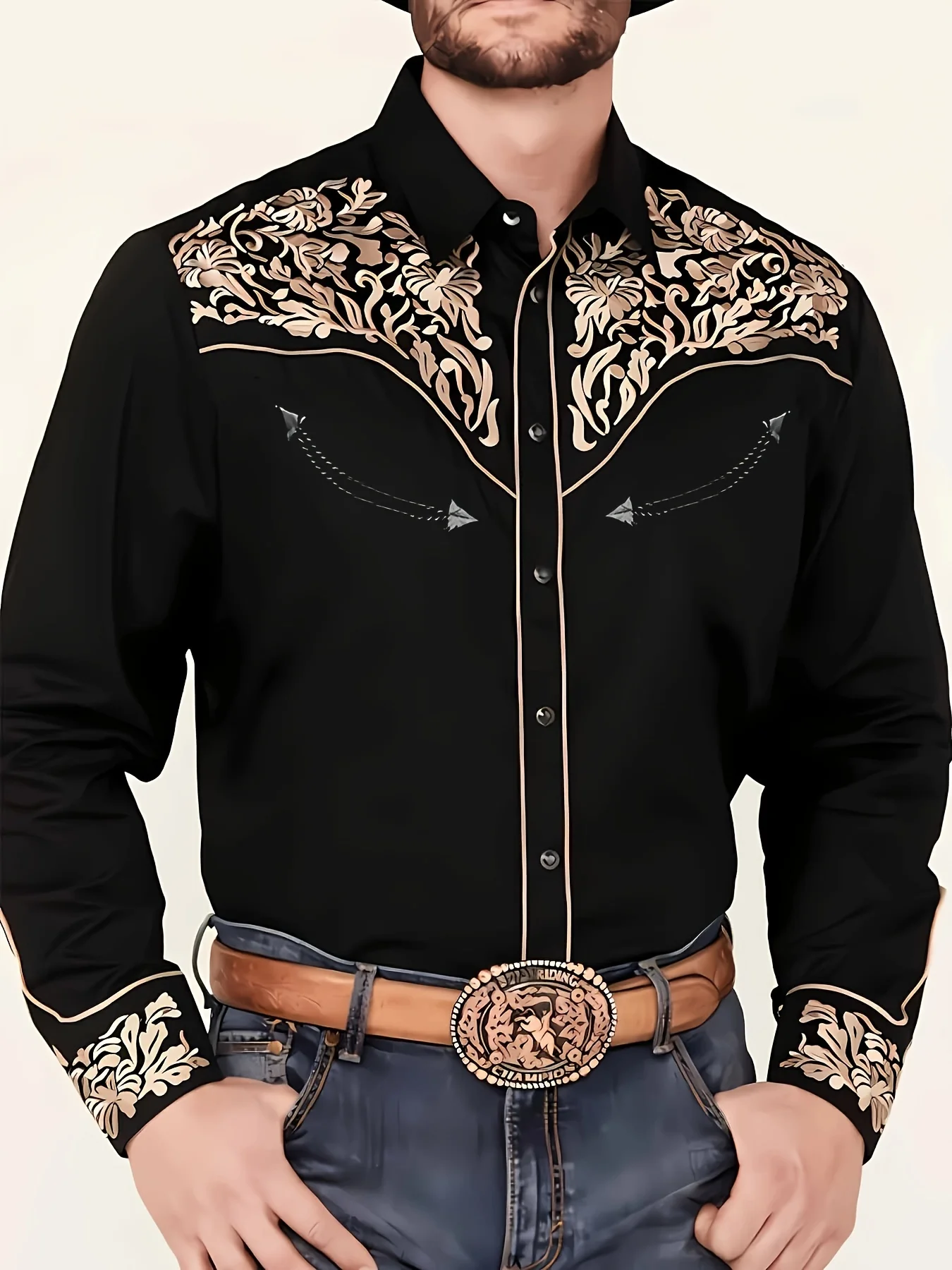 

Men's casual novelty western style long sleeve button down shirt with 3D floral print, spring/fall casual wear