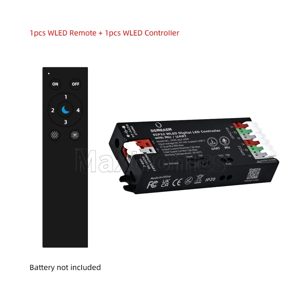 With Mic UART download port  5V-24V16A Fuse WS2811/12B SK6812 RGB IC ~0.5W Standby ESP32 WLED Digital LED Controller Kit