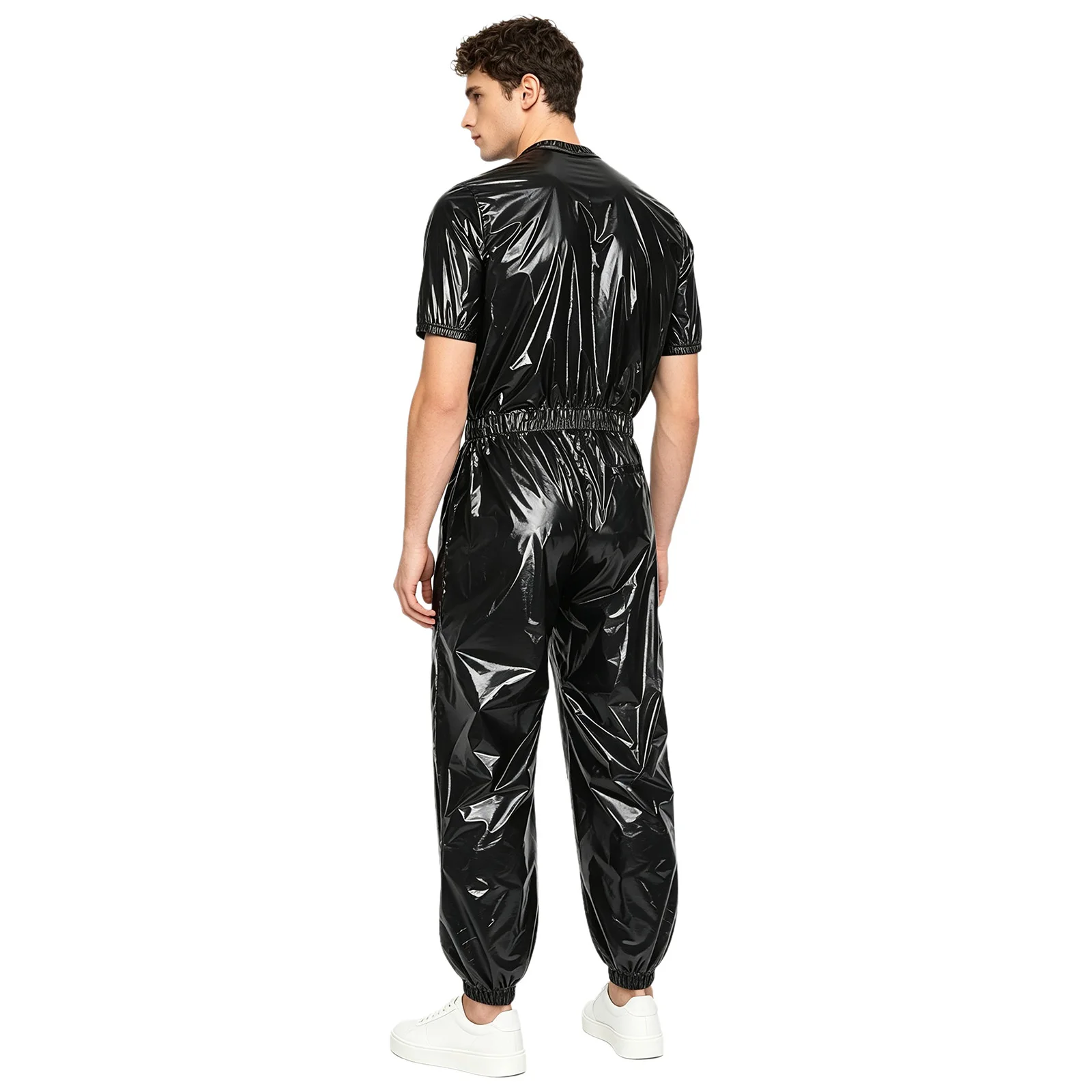 Mens Waterproof Tracksuit Workwear Short Sleeve Zipper Jogging Pants Jumpsuit with Pockets Rainwear Sauna Sweat Suit Sportswear