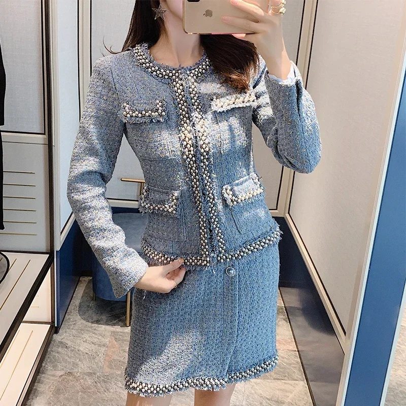 Insozkdg Autumn Winter Two-Piece Set Wool Tweed Blazer Women's Occupational Noble Chic Style Sets High Quality New Skirt Suits