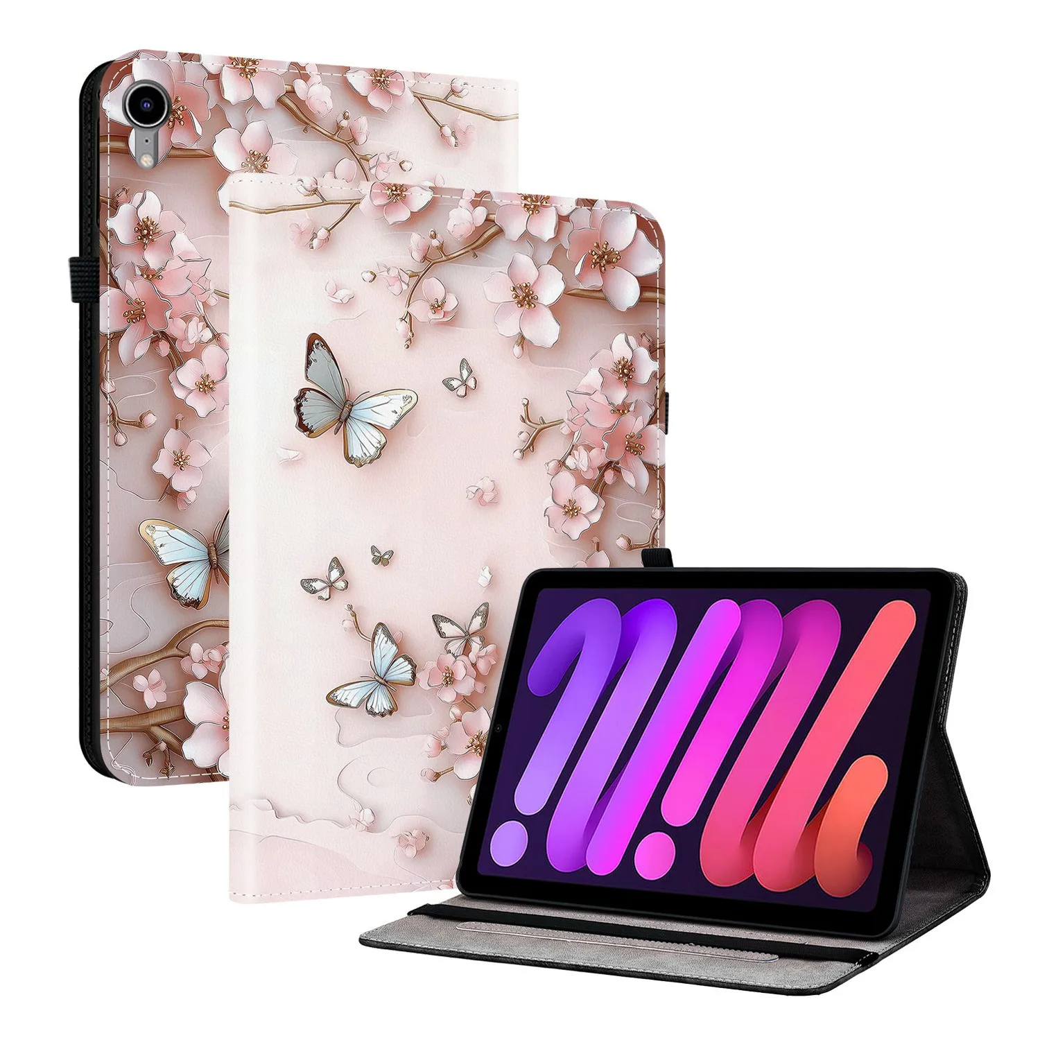 

Для iPad mini (2024)/2021) кожаный чехол с рисунком и подставкой для планшета, чехол с отделениями для карт - розовая бабочка