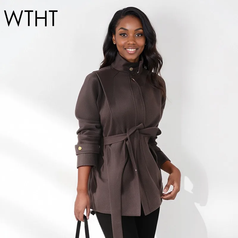 WTHT Trendy Women's Solid Color Bandage Bag Design Coats Fashion Stand Collar Long Sleeves Jackets Female 2025 Autumn 1LS2363