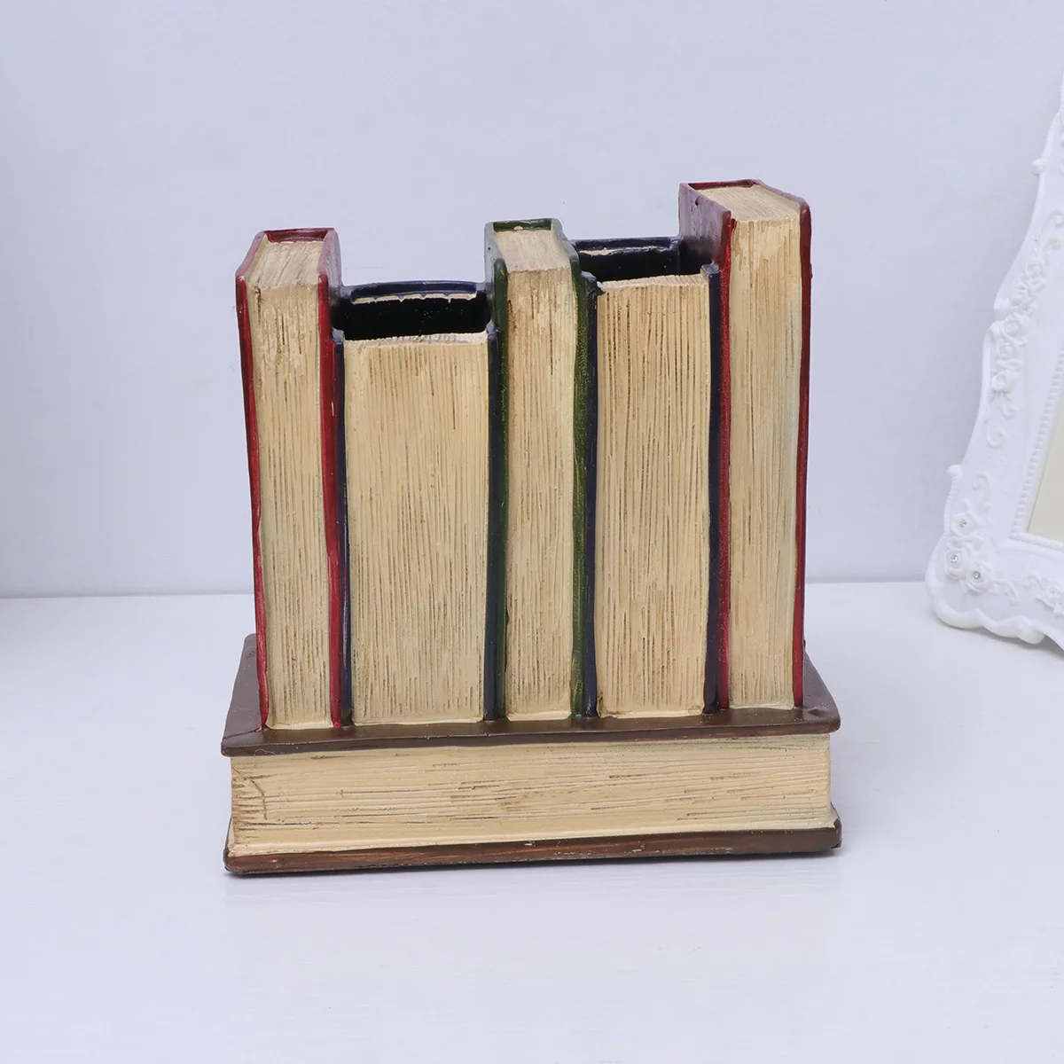 

Creative Red Resin Pen Holder Vintage Book Shelf Design Organizer for Office Desk Decor Stationery Storage Gift