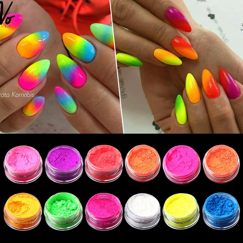 12pcs/set Colorful Professional Gel Polish Smooth Acrylic Powder Manicure Diy Fluorescent Neon Pigment Powder Nails Decorations