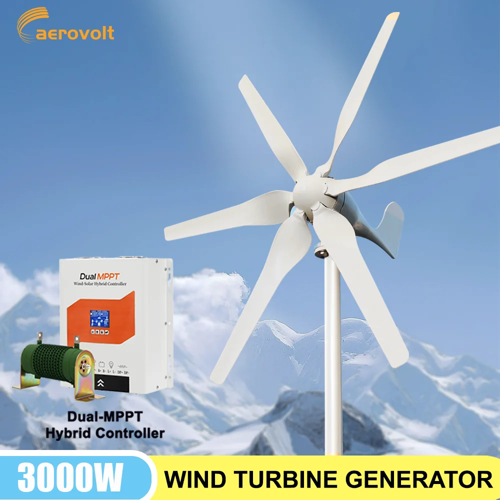 3000W Small Windmill 6 Blades 12/24/48V Wind Turbine Generator Kit with Wind-Solar Hybrid Controller Household Free Energy
