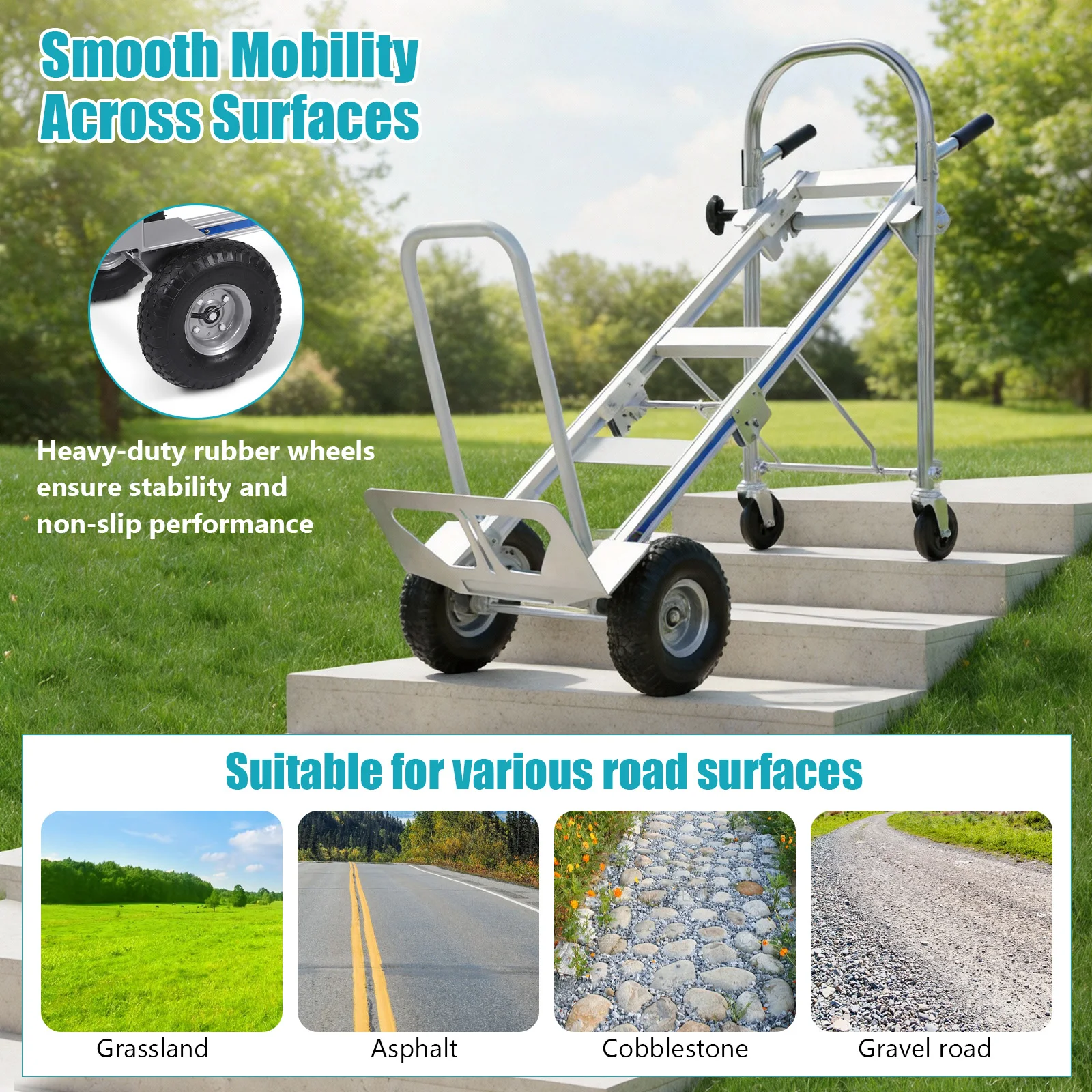 2 in 1 Industrial Convertible Aluminum Hand Truck Dolly Cart 1000 LBS Capacity Heavy Duty with Wheels for Transport & Moving