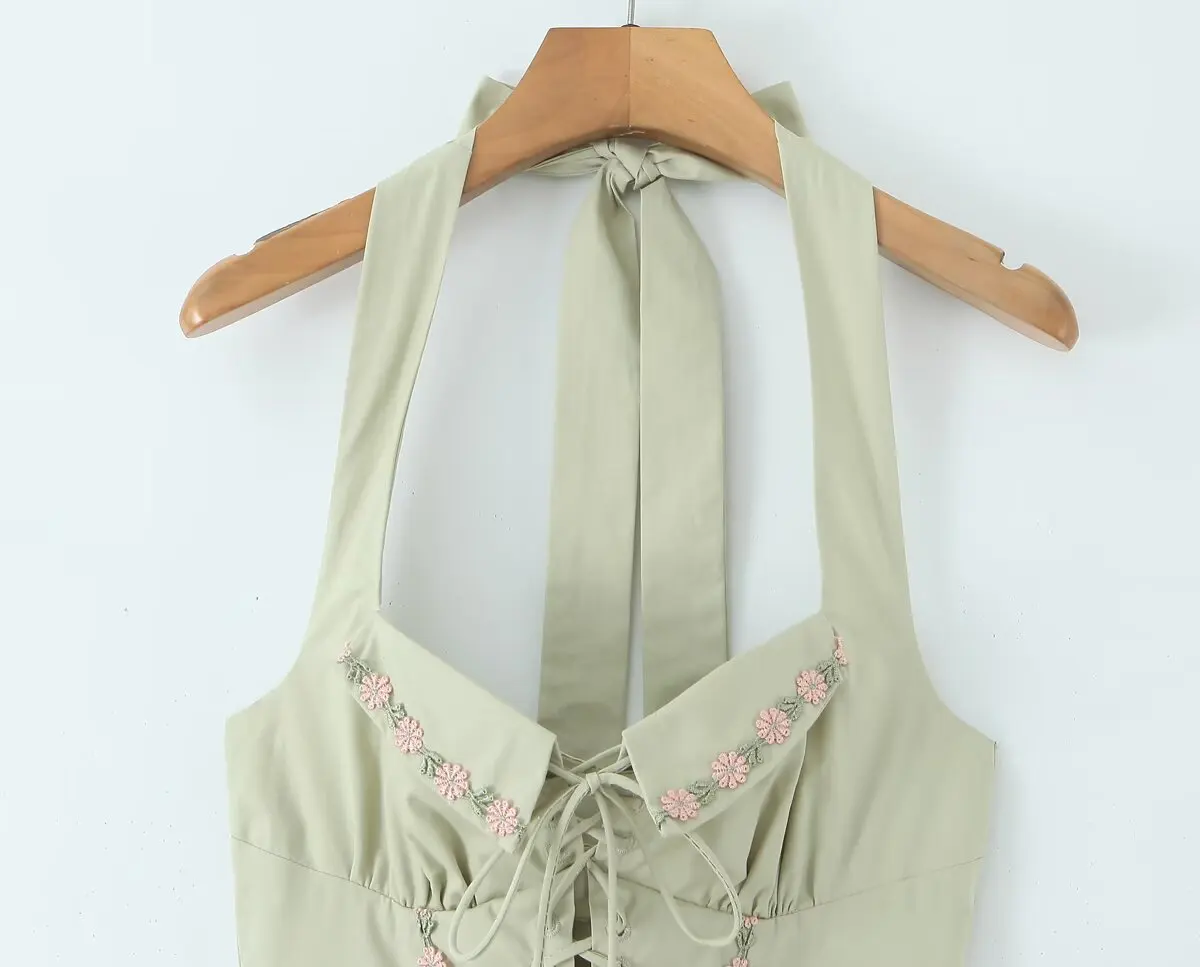 Jenny&Dave French Country Style Lazy Light Green Flower Embroidered Suspender Dress For Women Lace Up Slim Fit Party Dress Women