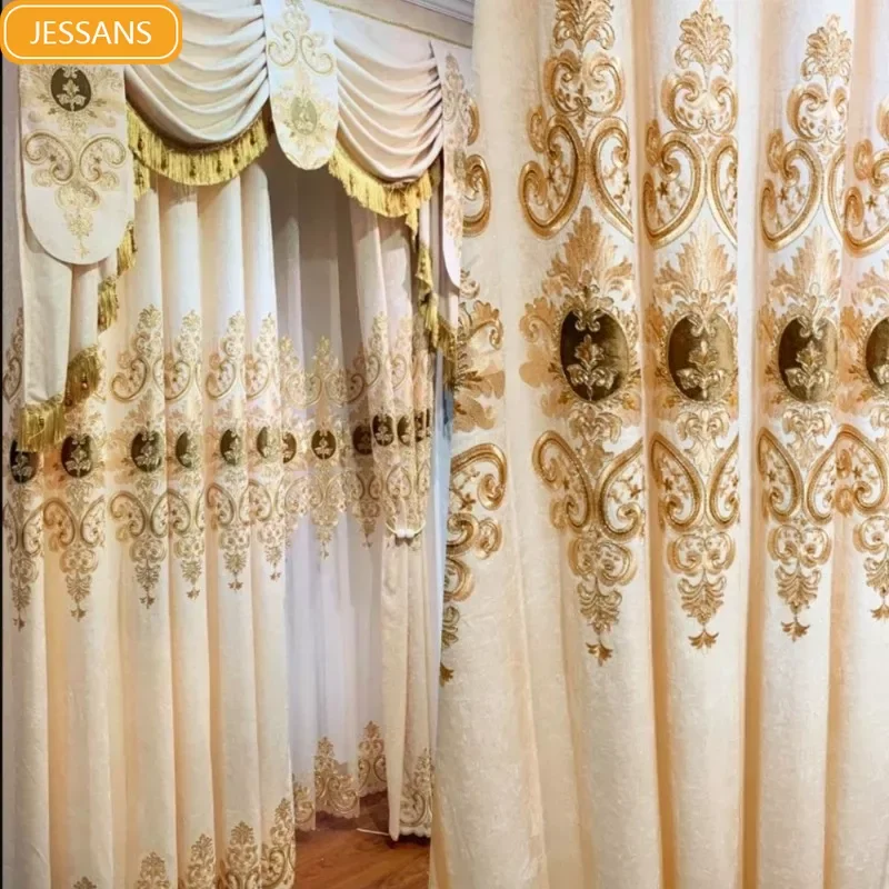 

European Champagne Chenille Curtain for Living Room Bedroom Gold Embroidered Luxury Fabric Window velvet Decor Hall Custom Tulle