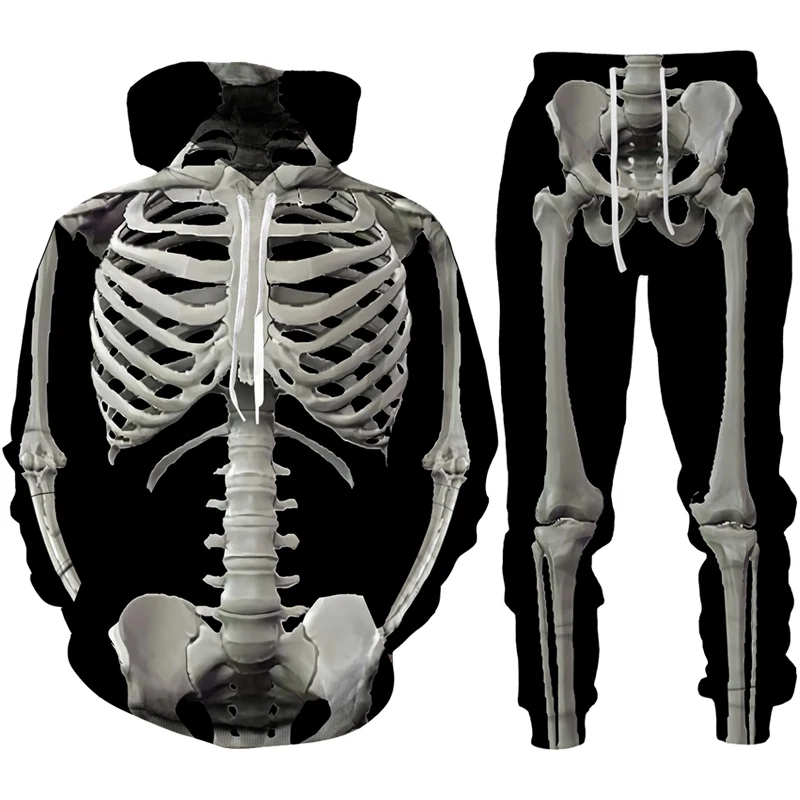 남성용 후드 세트, 공포 해골 3D 프린트 운동복 세트, 재미있는 할로윈 해골 코스프레 후드 바지, 2 개 세트, 느슨한 풀오버
