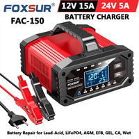 FOXSUR 12V 24V FAC-150 Smart Car Motorcycle Battery Charger Battery Pulse Repair AGM LiFePO4 Lead Acid Batteries EU Plug