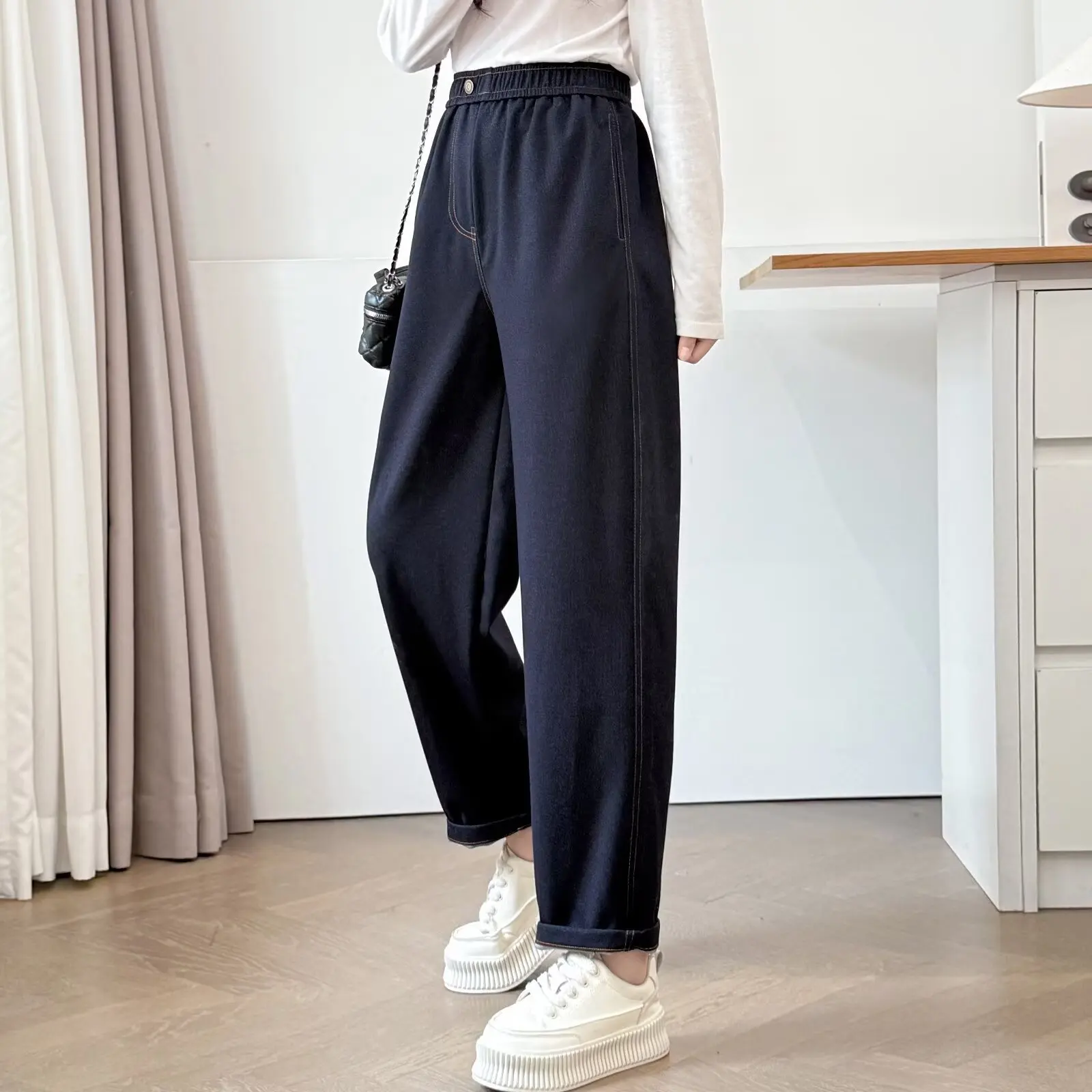 XXXXL moda de talla grande pantalones vaqueros de mujer otoño nuevo estilo Simple cintura elástica un botón Harem pantalones Casual 993