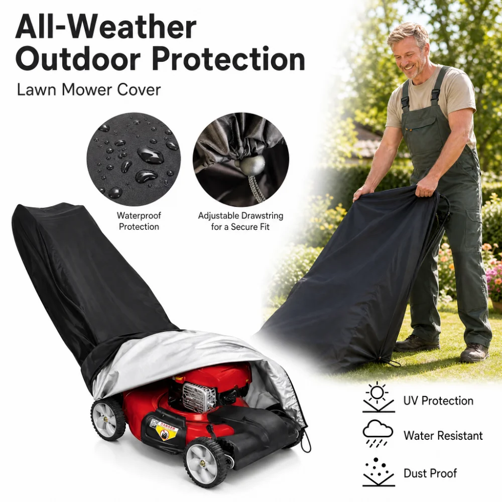 210D Outdoor Lawn Mower Cover Polyester Oxford Cloth Waterproof UV Protection Universal With Drawstring Black