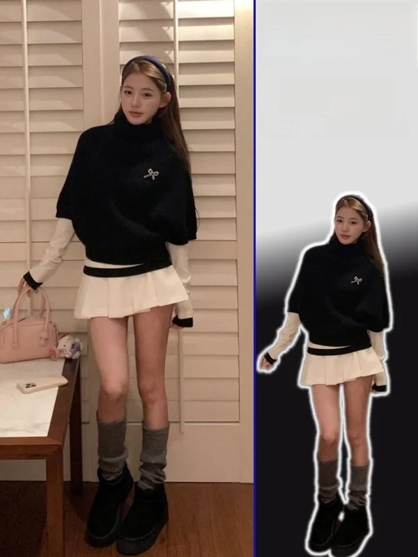 

Комплект: вязаный свитер больших размеров приталенного кроя и юбка с высокой талией. Повседневная универсальная одежда с длинным рукавом и высоким воротником. Осенний вариант.