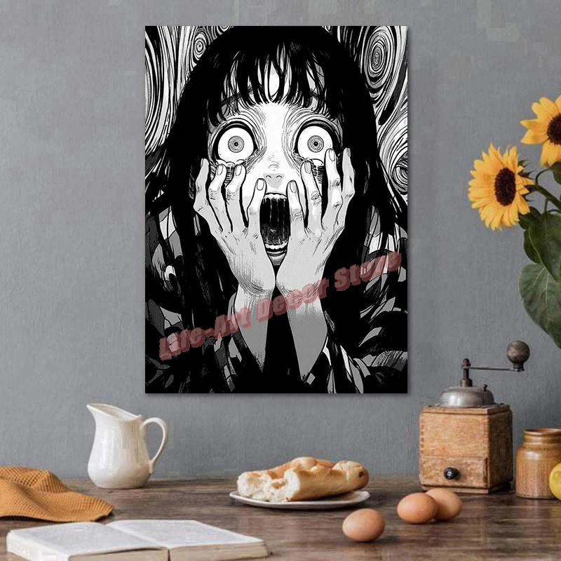 Black and White Terror Panic Eyes Anime Girl Canvas Painting Thriller Horror Dark Comics Poster Wall Art Prints Home Room Decor