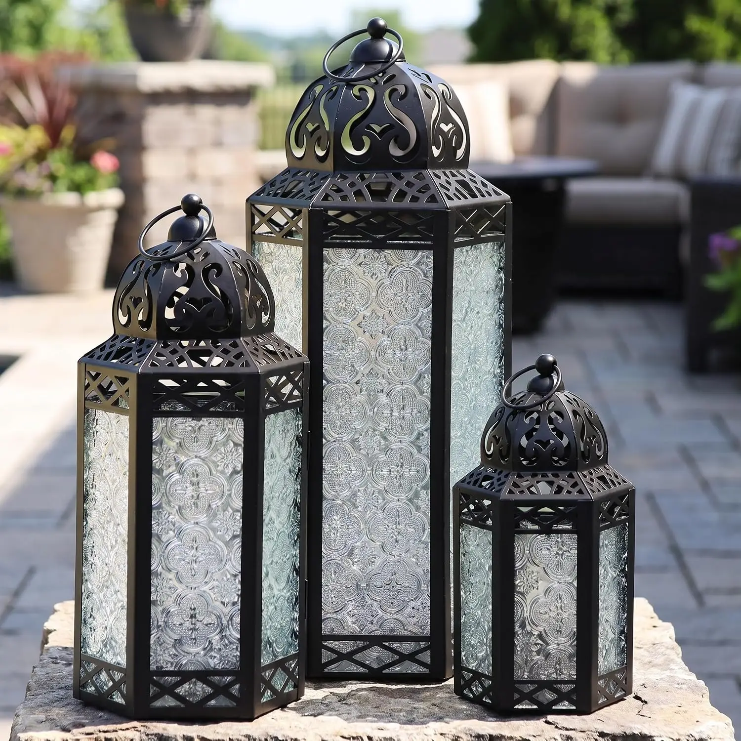 Set of 3 Clear Glass & Black Metal Moroccan Candle Lantern Holders (XL, Large, Small) - Decorative Indoor/Outdoor Decor