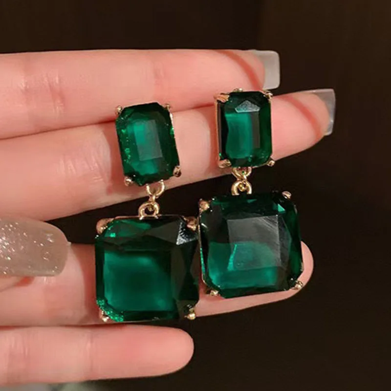 Vintage Jewelry for Women Square Green Crystal Zircon Dangle Earrings for Women Wedding Engagement Earring Valentines Day Gift