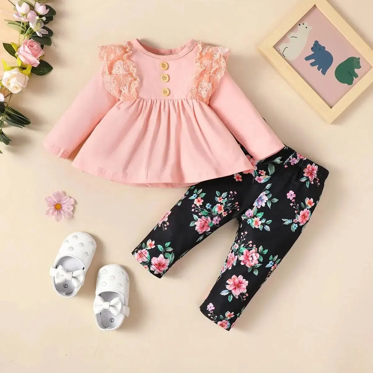 2PCS Infant Girl Clothes Set Long Sleeved Lace Top+Flower Pants Fashion Lovely Spring&Autumn Suit for Toddler Girl 3-24 Months