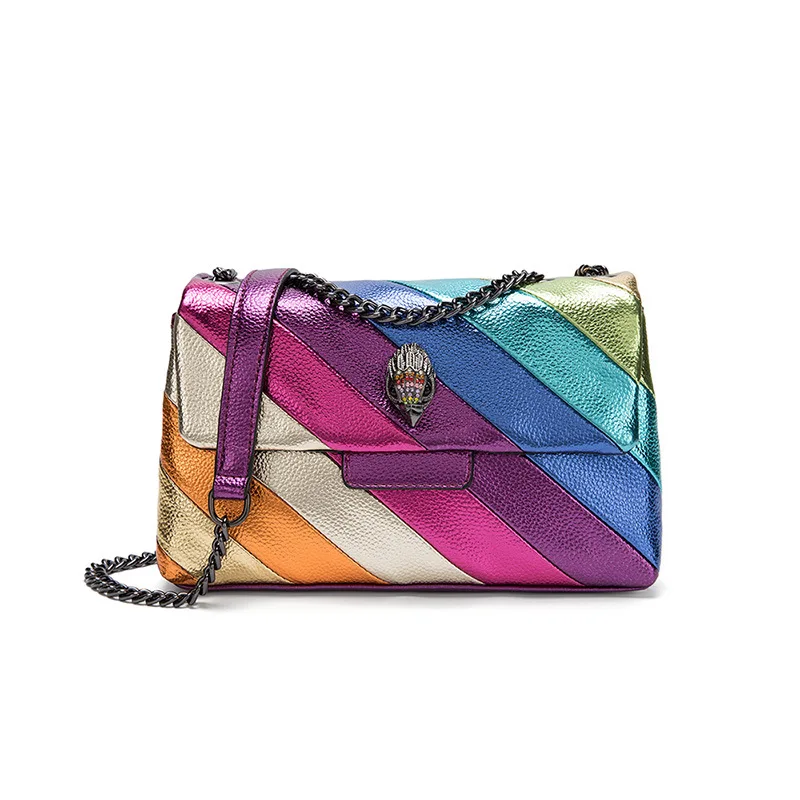 

2024 Retro Fashion Women's Bags Rainbow Patchwork Color PU Leather Designer Commuting Chain Square Shoulder Crossbody Bag Female