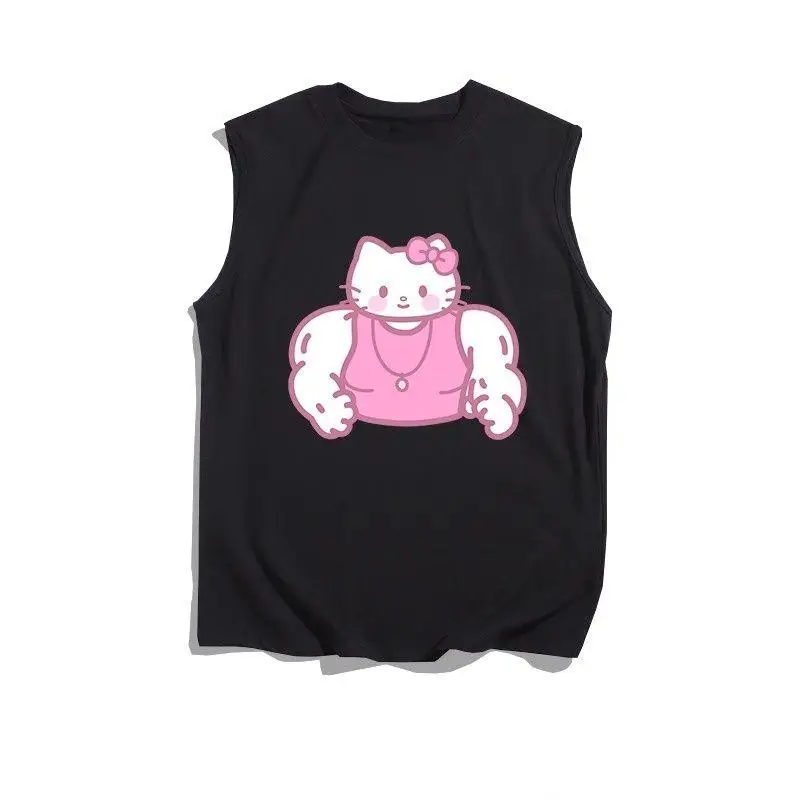 Muscle Hello Kitty Summer Solid Color Sleeveless Camisole T-Shirt Tops Men Women Fitness T-Shirt Sports Breathable Short Sleeves