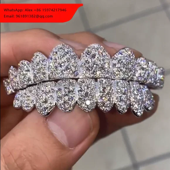 

Factory Custom Fine Grillz S925 Silver 10K 14K 18K Solid Gold VVS Moissanite Lab Diamond Iced Out Grillz For Teeth