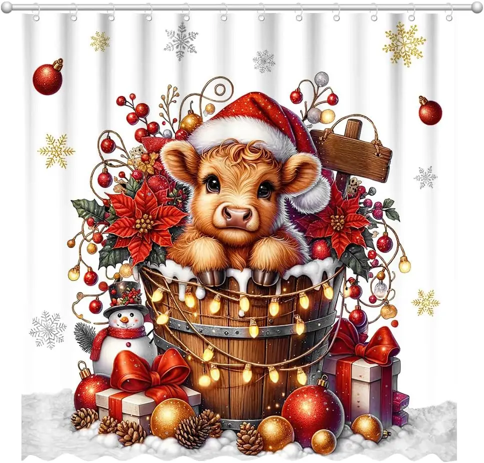 Christmas Highland Cow Shower Curtain  Merry Christmas Home Bathroom Decorations Western Rustic Farmhouse Bathtub Curtain Set