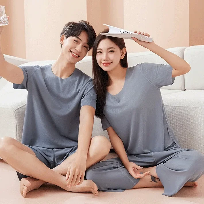 Man Pajamas Sets Summer Short Sleeve Soft Ice Silk Pyjamas Pullover Home Clothing Women Solid Color Loose Casual Sleepwear Homme