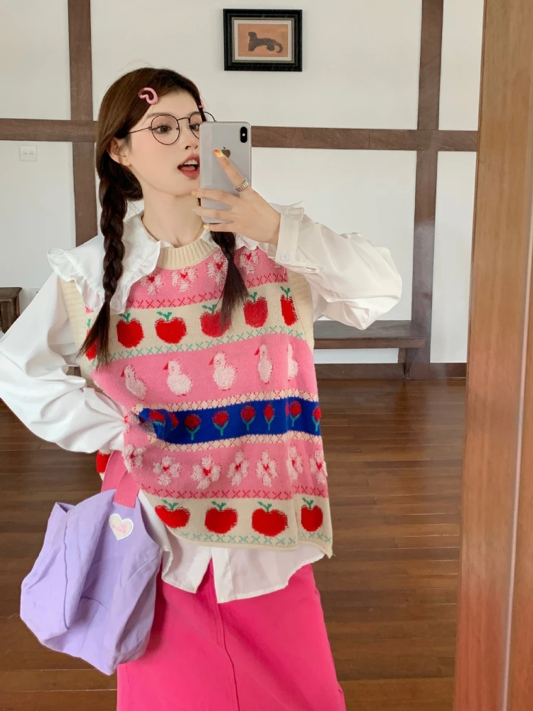 2024 Cartoon Knitted Vest Sweater Women Preppy Style Kawaii O-Neck Contrasting Colors Sleeveless Sweaters New Y2K Cute Pullovers